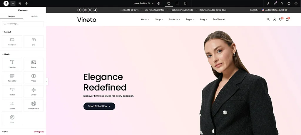 Vineta with Elementor builder