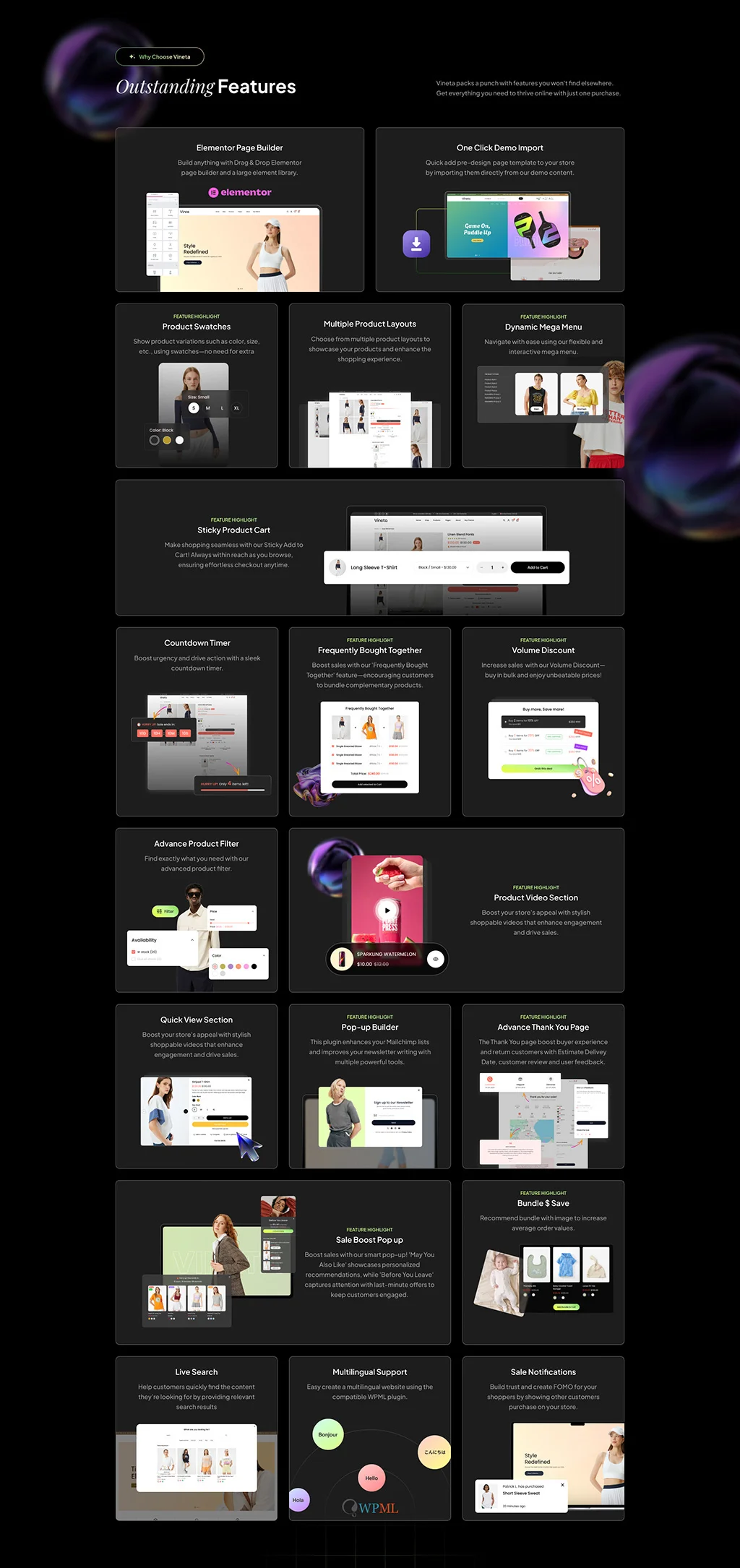 Vineta advanced features: 360 view, badges, sale popup