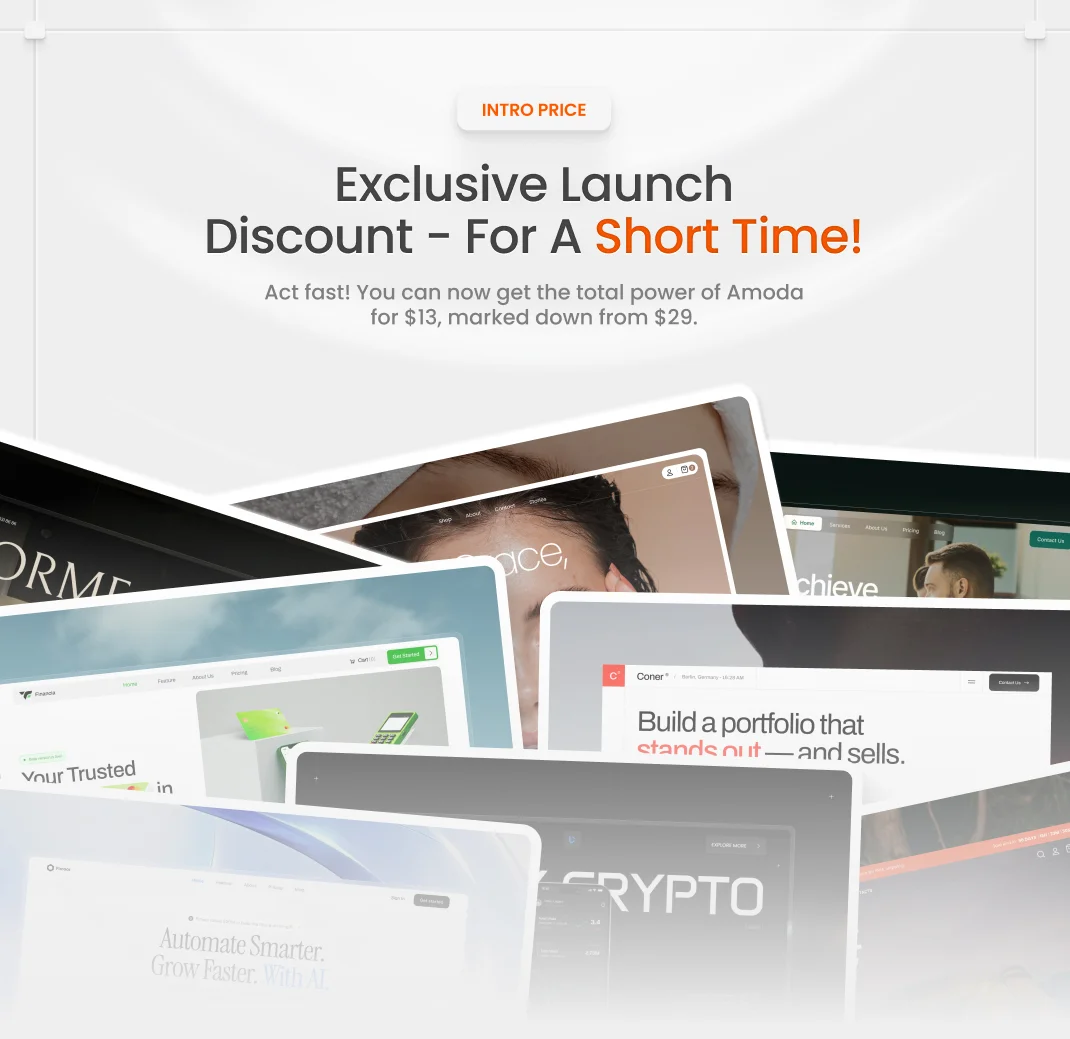 Amoda Multi-Purpose Creative HTML Template hero preview showing multiple modern homepage demos