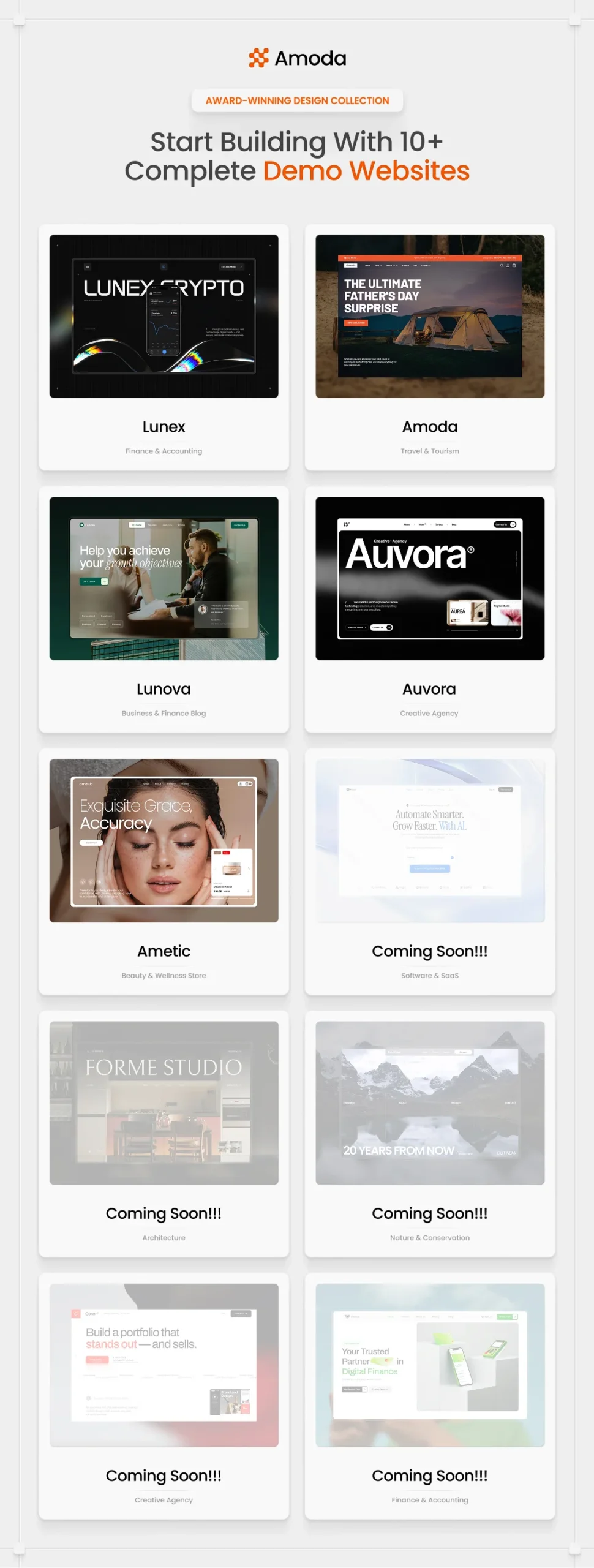 Grid preview of multiple creative homepage demos from Amoda Multi-Purpose Creative HTML Template